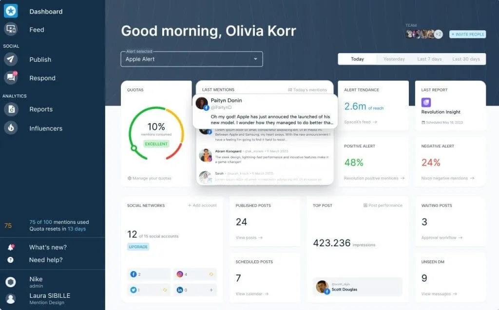 User dashboard of brand monitoring software showing alerts, mentions, social network stats, and report summaries for Apple Alert.
